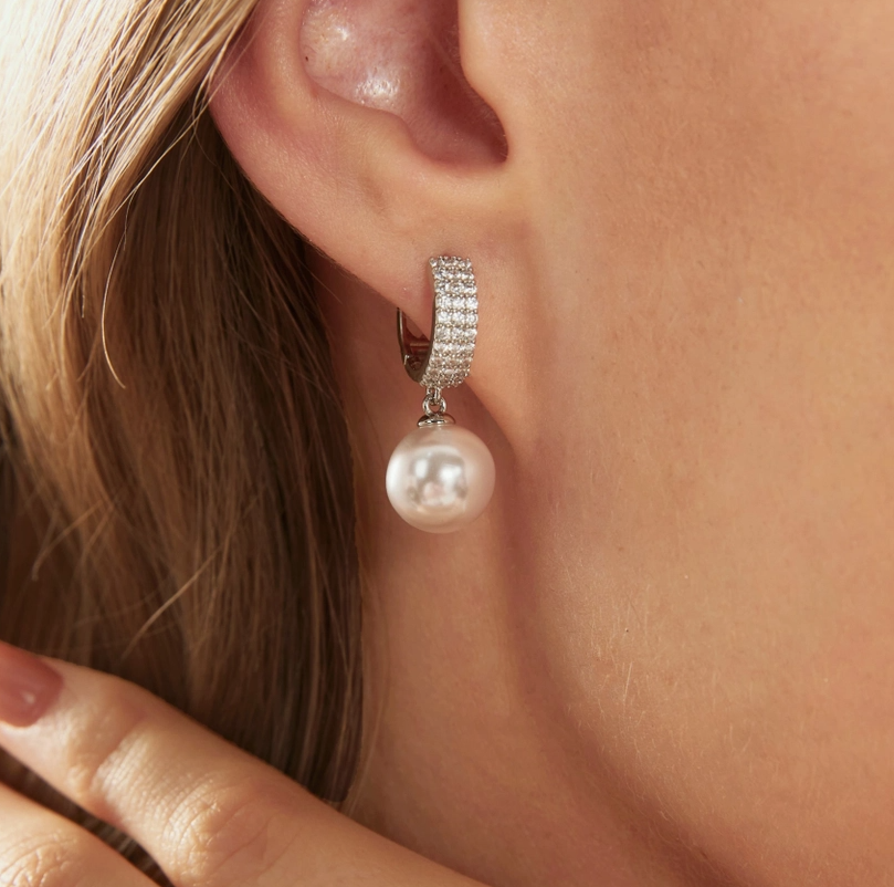 Silver Diamond Hoop Pearl Drop Earrings