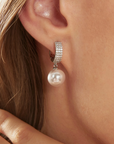 Silver Diamond Hoop Pearl Drop Earrings
