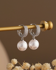 Silver Diamond Hoop Pearl Drop Earrings