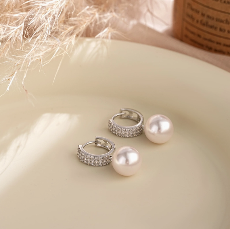 Silver Diamond Hoop Pearl Drop Earrings