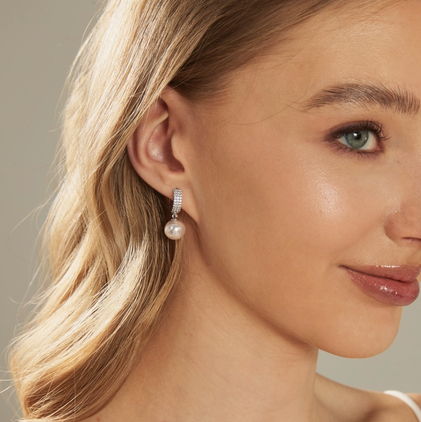 Silver Diamond Hoop Pearl Drop Earrings