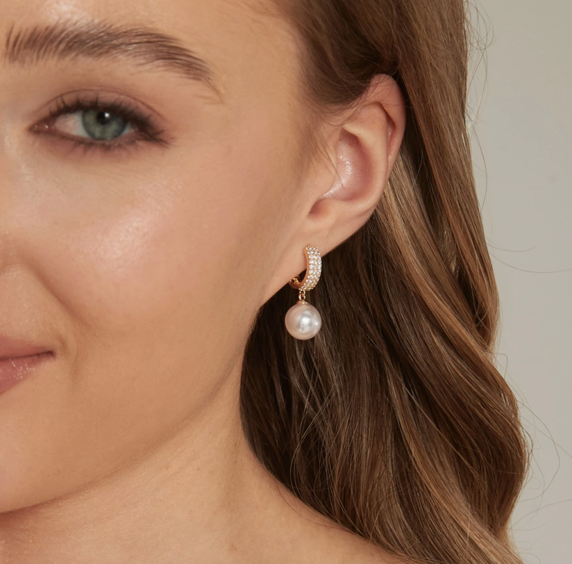 Gold Diamond Hoop Pearl Drop Earrings