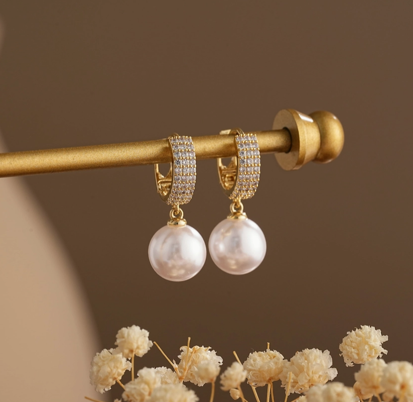 Gold Diamond Hoop Pearl Drop Earrings