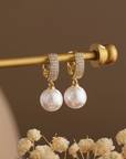 Gold Diamond Hoop Pearl Drop Earrings