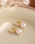 Gold Diamond Hoop Pearl Drop Earrings