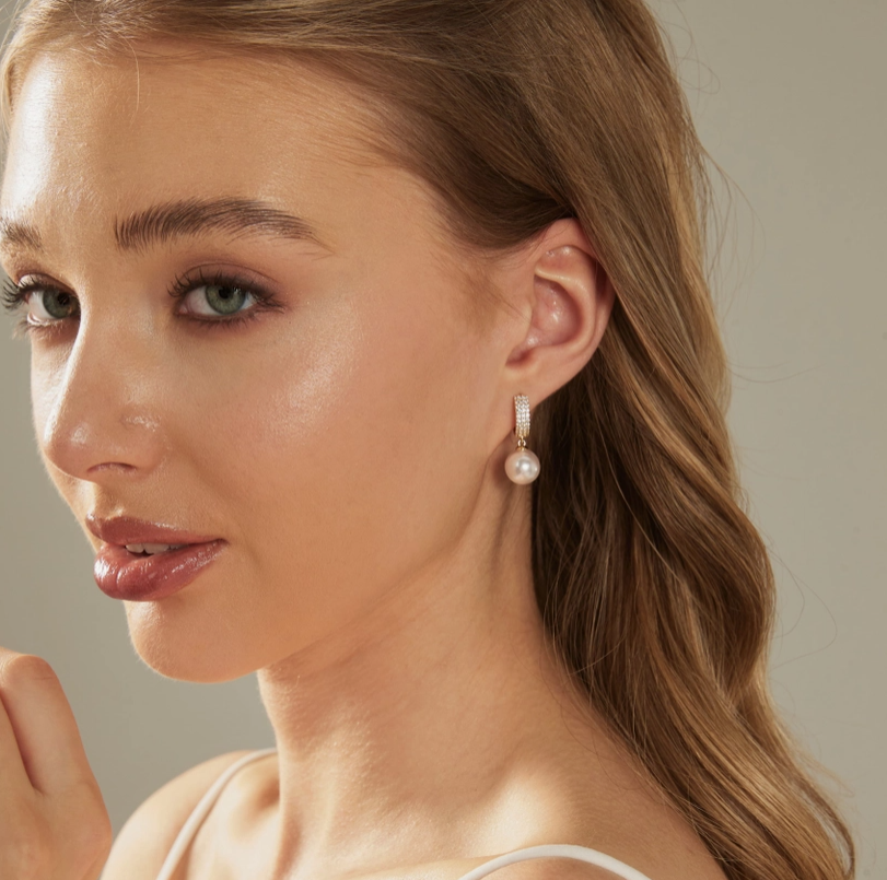 Gold Diamond Hoop Pearl Drop Earrings