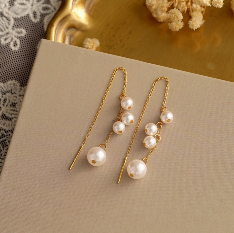 Gold Dainty Pearl Threader Earrings
