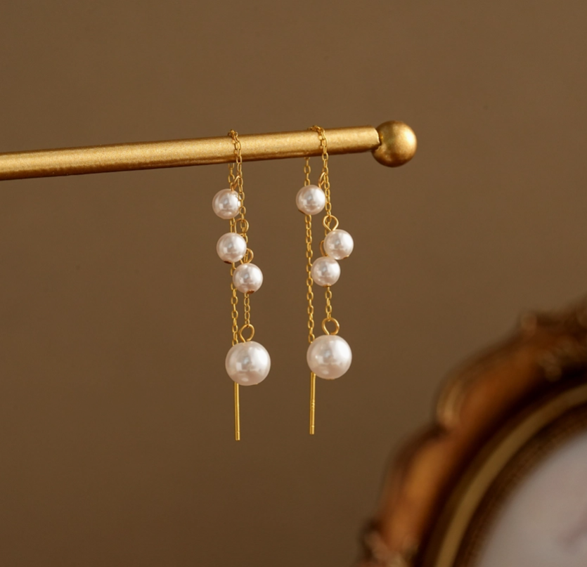Gold Dainty Pearl Threader Earrings