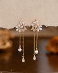 Gold Flower Pearl Dangle Earrings