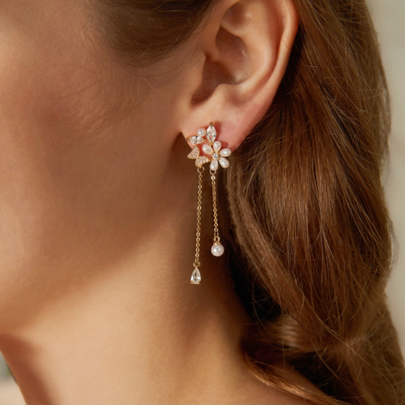 Gold Flower Pearl Dangle Earrings