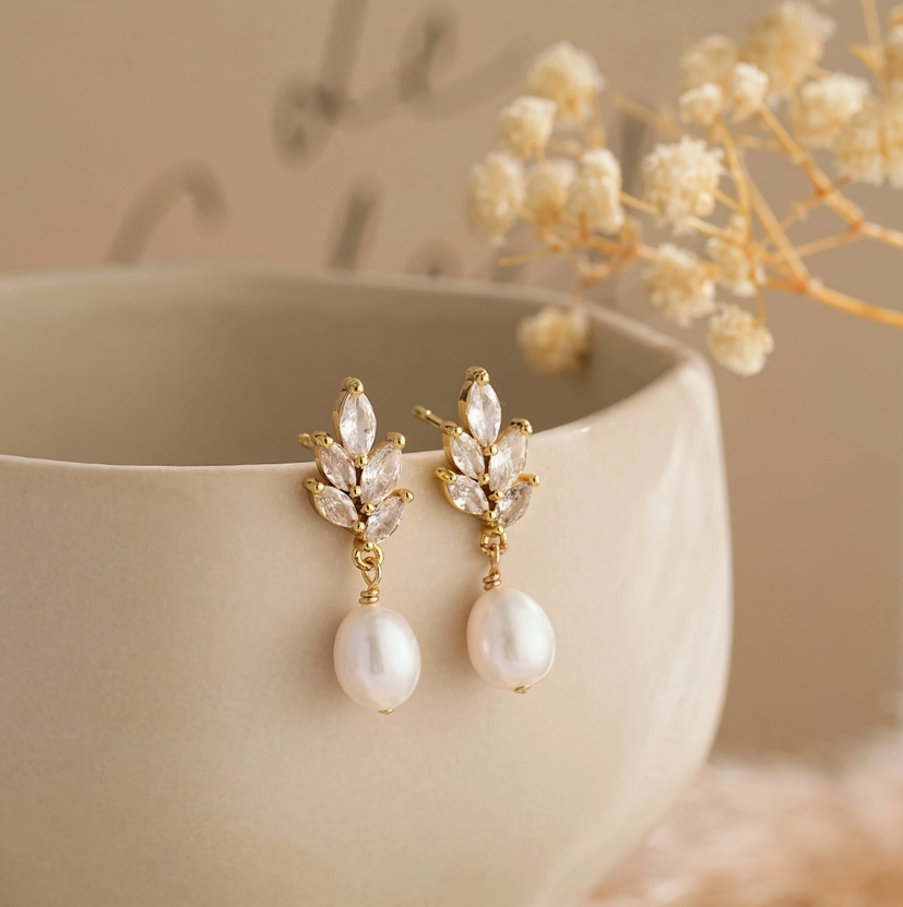 Gold Pearl Drop Earrings w/ Crystal Leaf