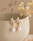 Gold Pearl Drop Earrings w/ Crystal Leaf