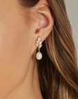 Gold Pearl Drop Earrings w/ Crystal Leaf