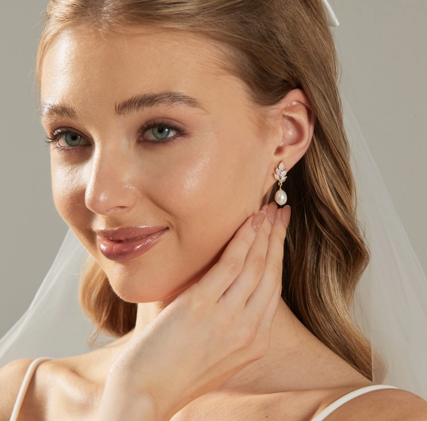 Gold Pearl Drop Earrings w/ Crystal Leaf