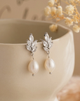Silver Pearl Drop Ear w/ Crystal Leaf