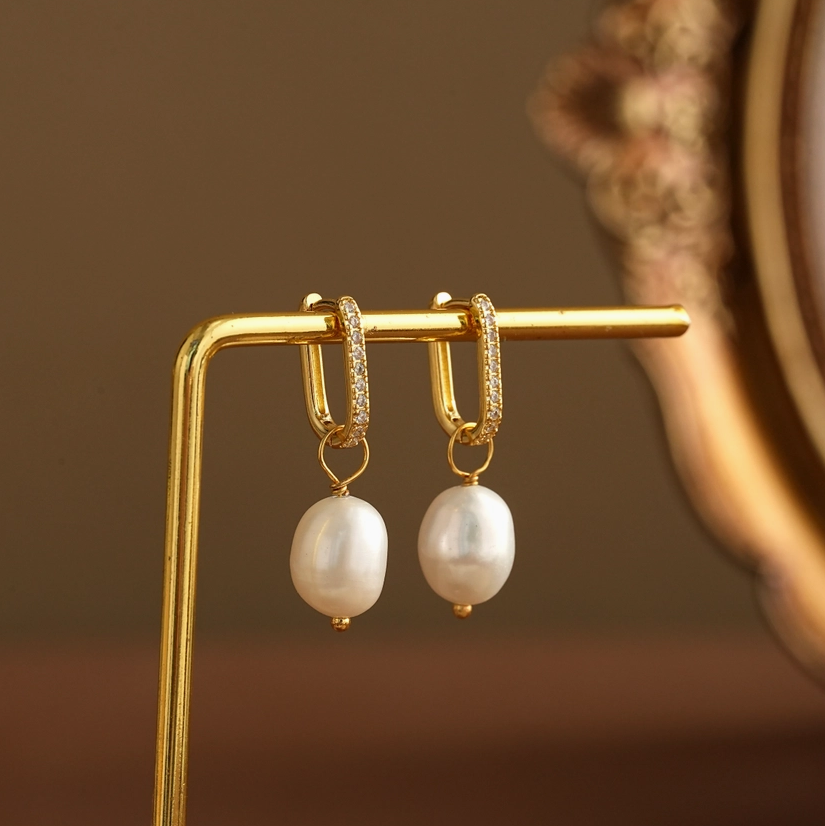 Gold Pearl &amp; Diamond Baroque Hoops