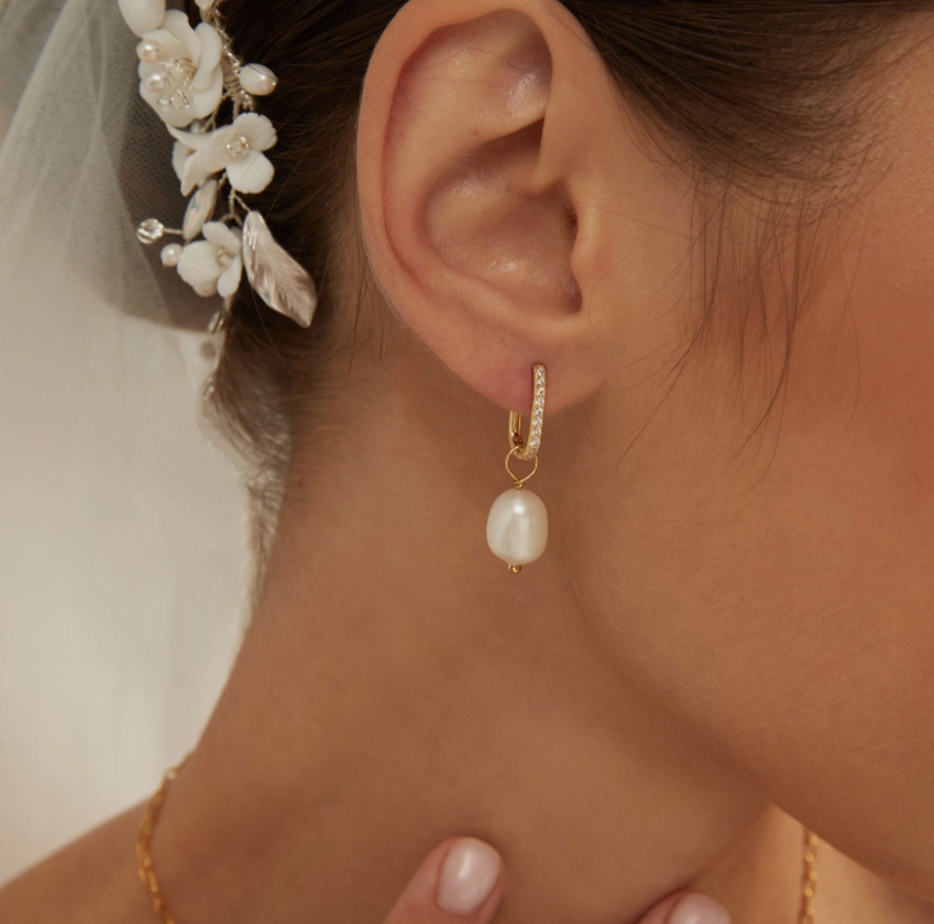 Gold Pearl &amp; Diamond Baroque Hoops