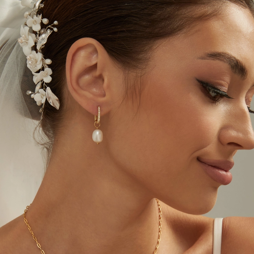 Gold Pearl &amp; Diamond Baroque Hoops