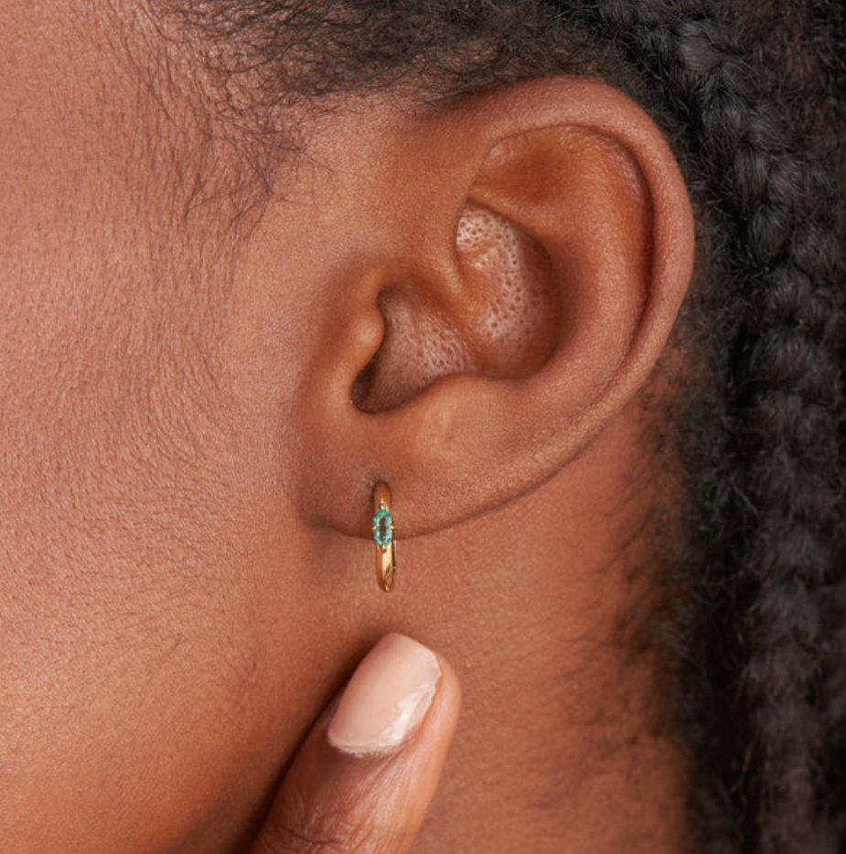 Gold Teal Sparkle Emblem Hoop Earrings