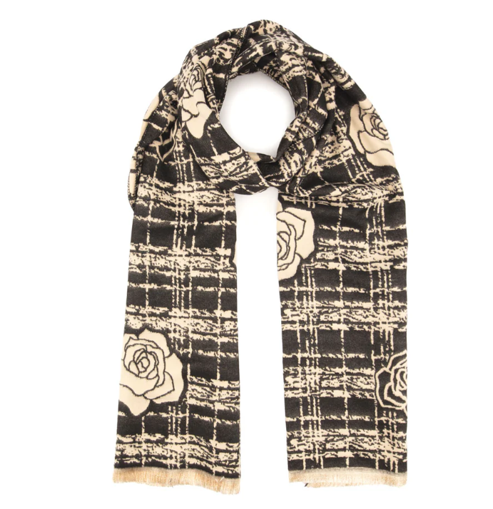 Black/Ivory Roses on Checks Scarf