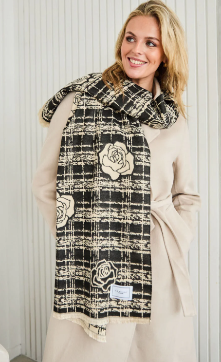 Black/Ivory Roses on Checks Scarf