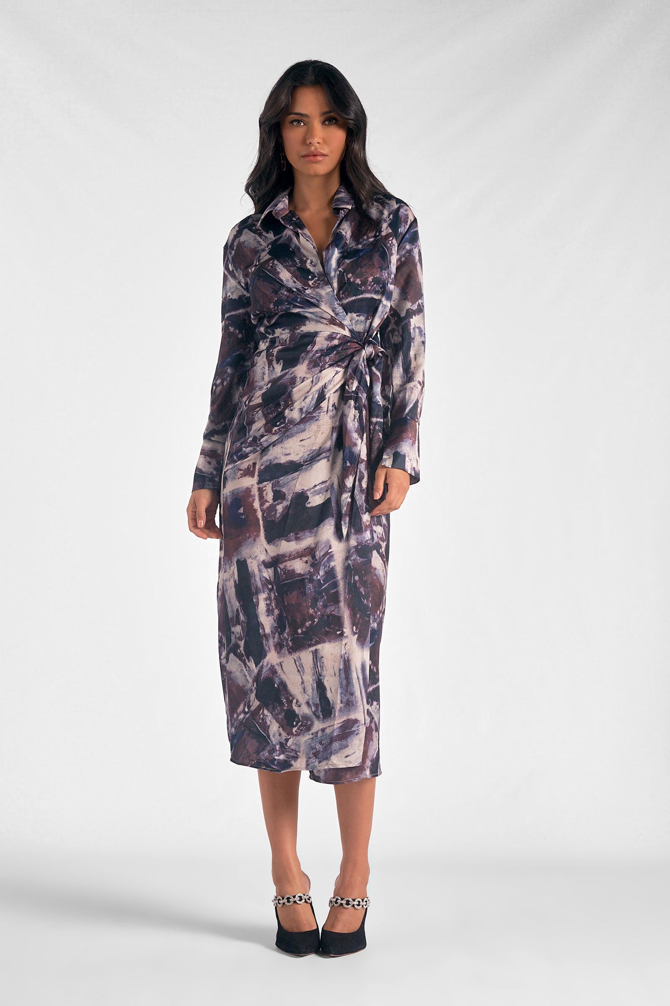Blue Marble Long Sleeve Midi Wrap Dress