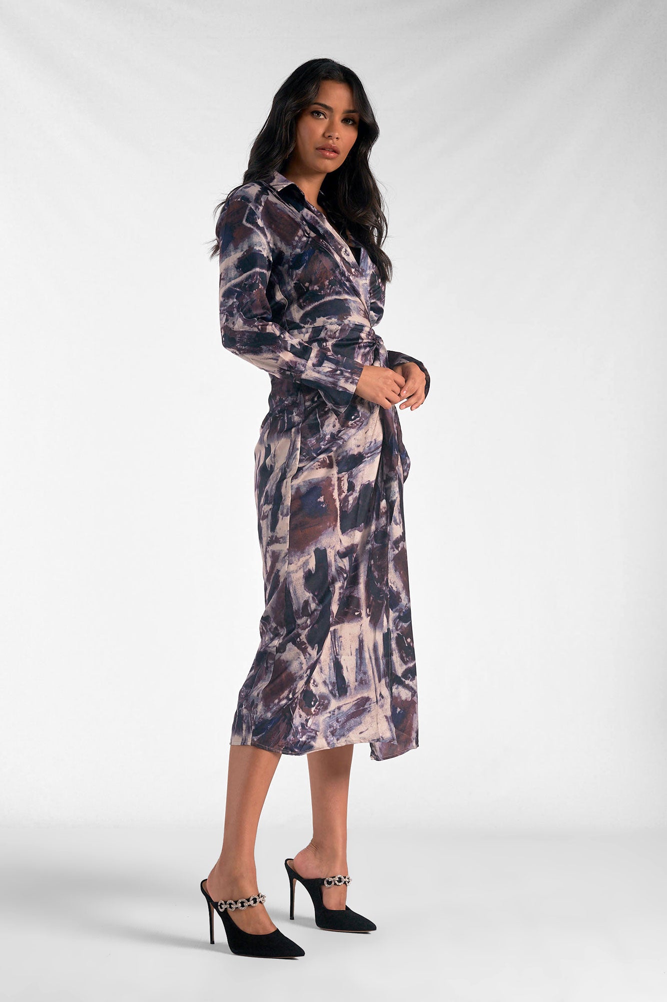 Blue Marble Long Sleeve Midi Wrap Dress