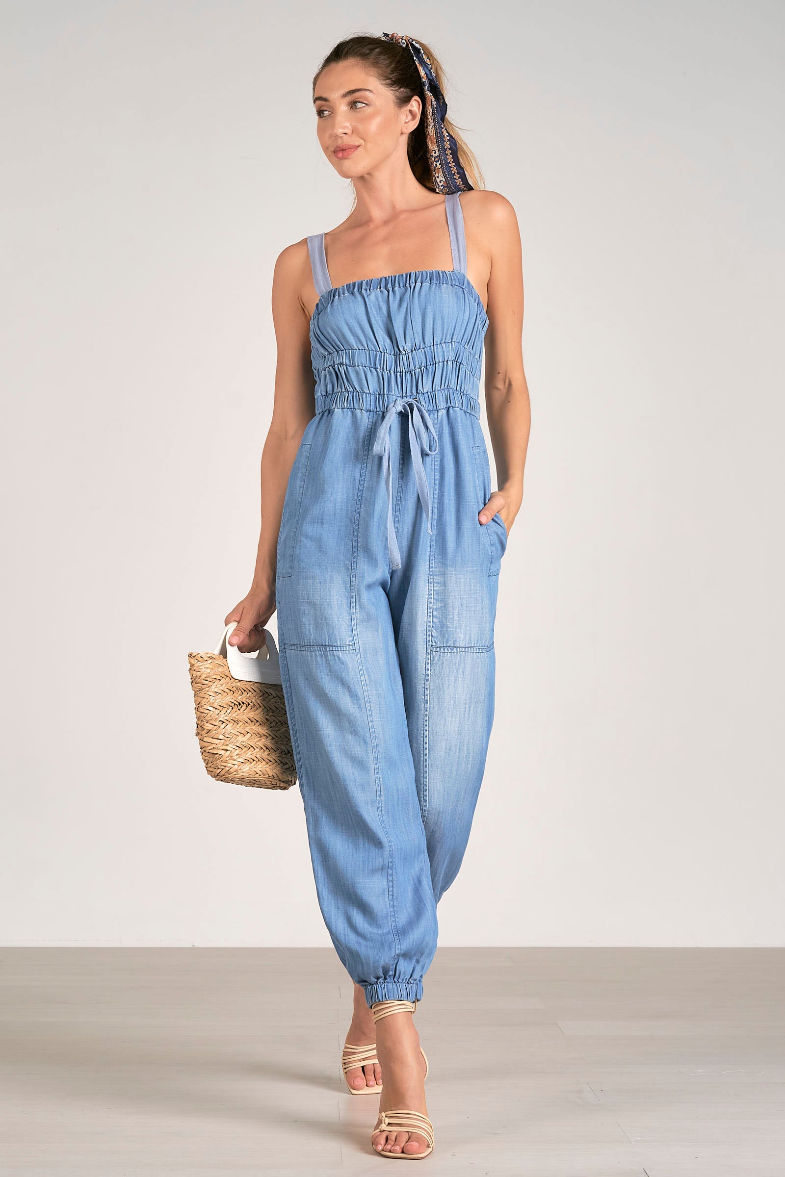 Light Wash Denim Jogger Jumpsuit