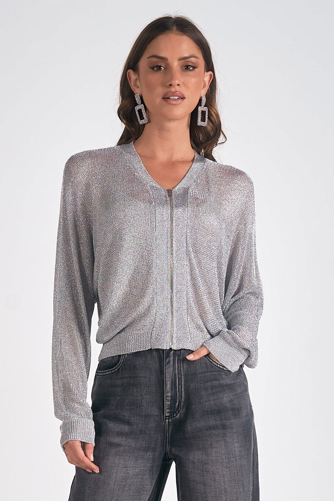 Metallic Zip Sweater Cardigan