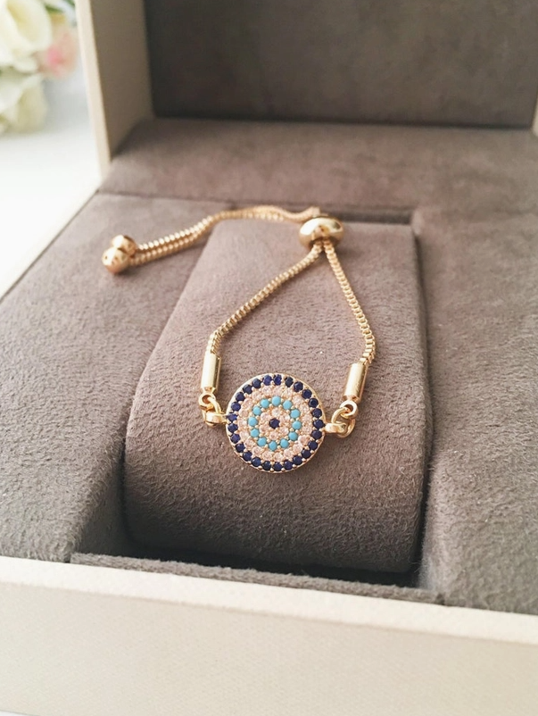 Adjustable Two-Tone Zircon Evil Eye Gold
