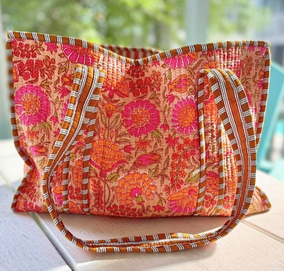 Rue Orange Floral Patterned Tote Bag