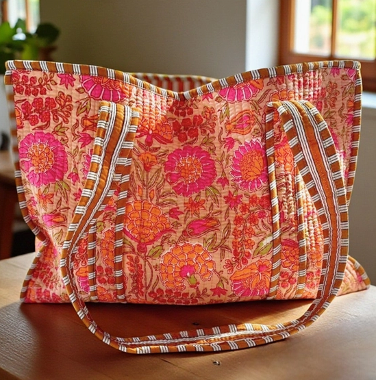Rue Orange Floral Patterned Tote Bag