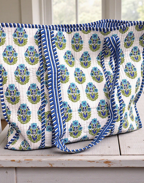 Emma Blue and White Floral Tote Bag