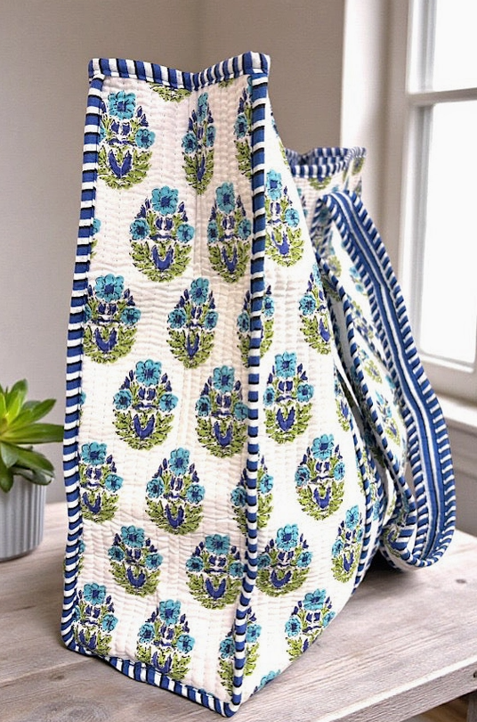 Emma Blue and White Floral Tote Bag