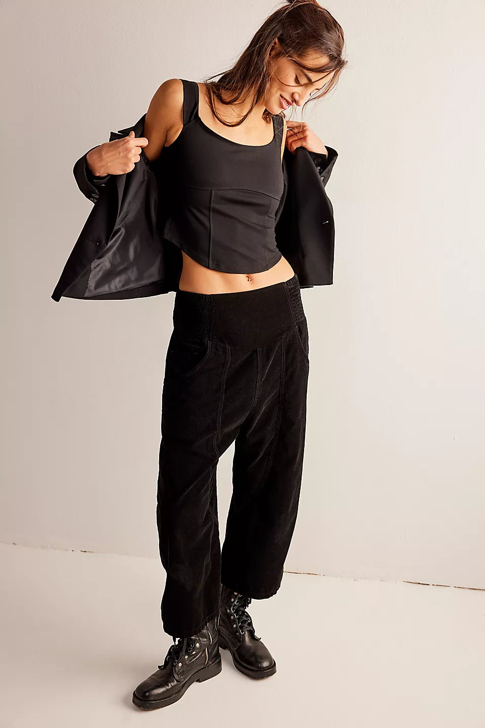 Lunan Crop Harem Cord Jeans - Black