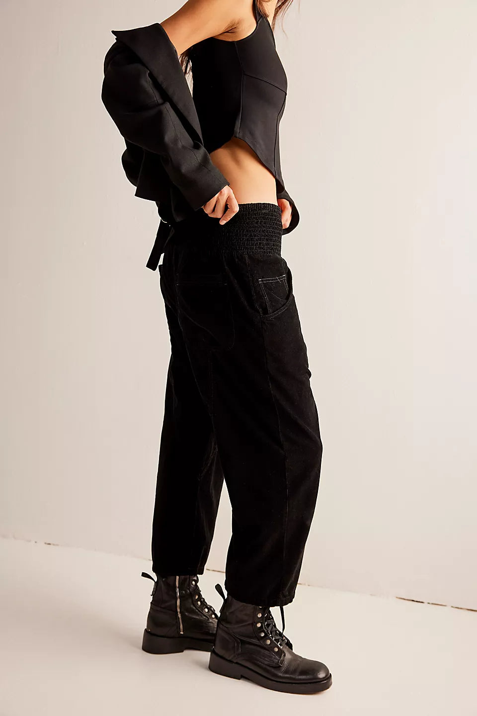 Lunan Crop Harem Cord Jeans - Black