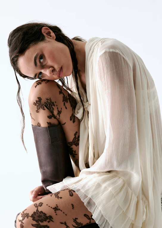 Flocked Floral Tights Espresso