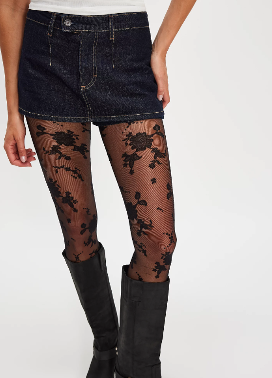Black Flocked Floral Tights M/L