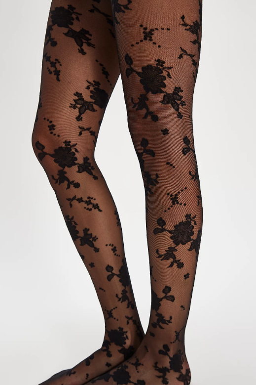 Black Flocked Floral Tights M/L