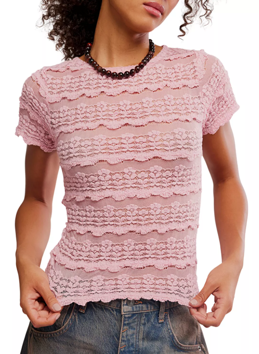 Angelina Lace Tee - Blushing Coral