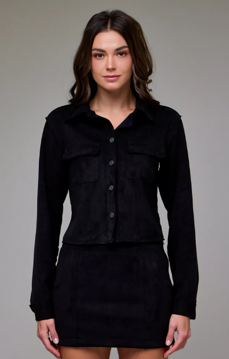 Shrunken Suede Button Up Shirt - Black