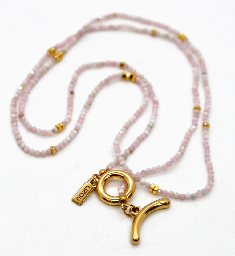 Long Pink Opal Stone and Gold Necklace