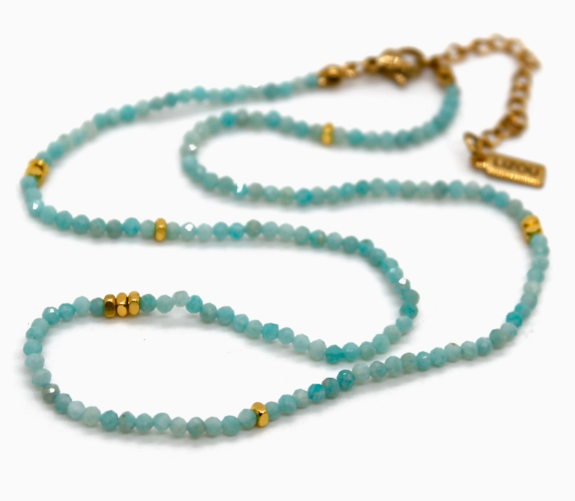 Amazonite Stone and Gold Short Necklace