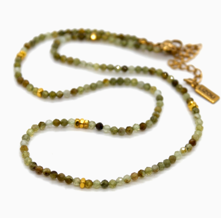 Green Garnet Stone/Gold Short Necklace