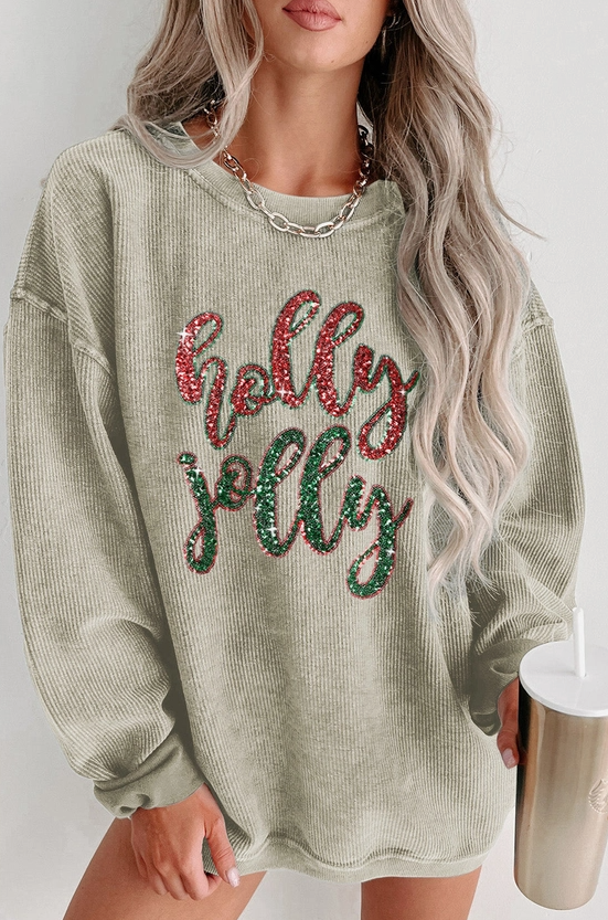 Sequined Holly Jolly Corded Sweatshirt