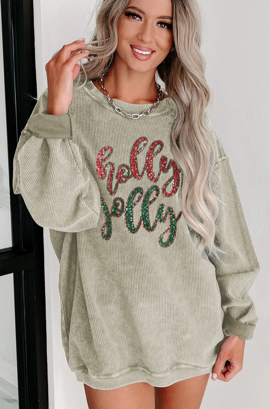 Sequined Holly Jolly Corded Sweatshirt