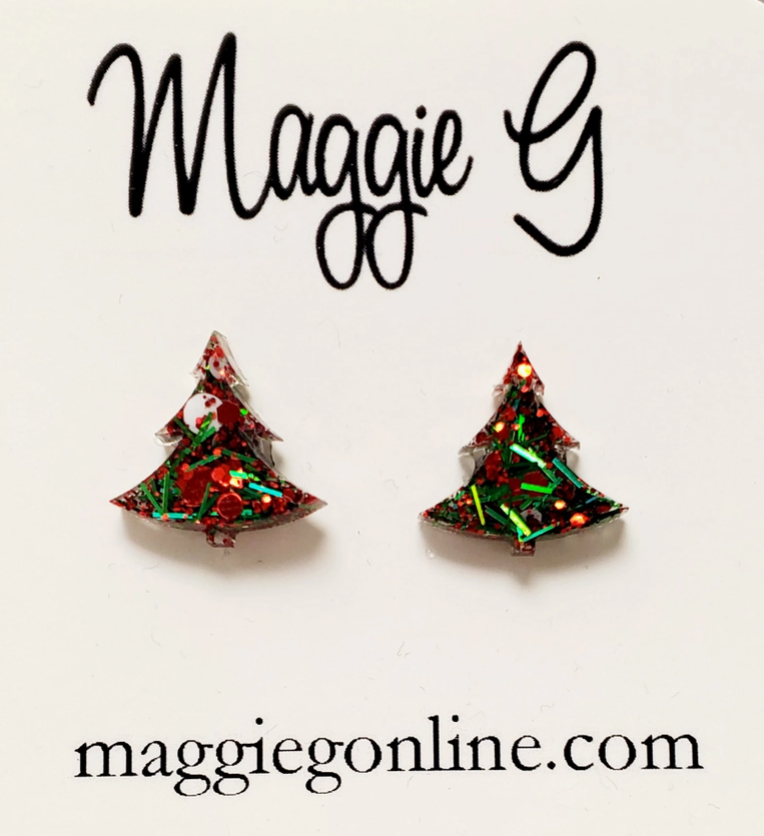 Christmas Tree Stud Earrings - Red/Green