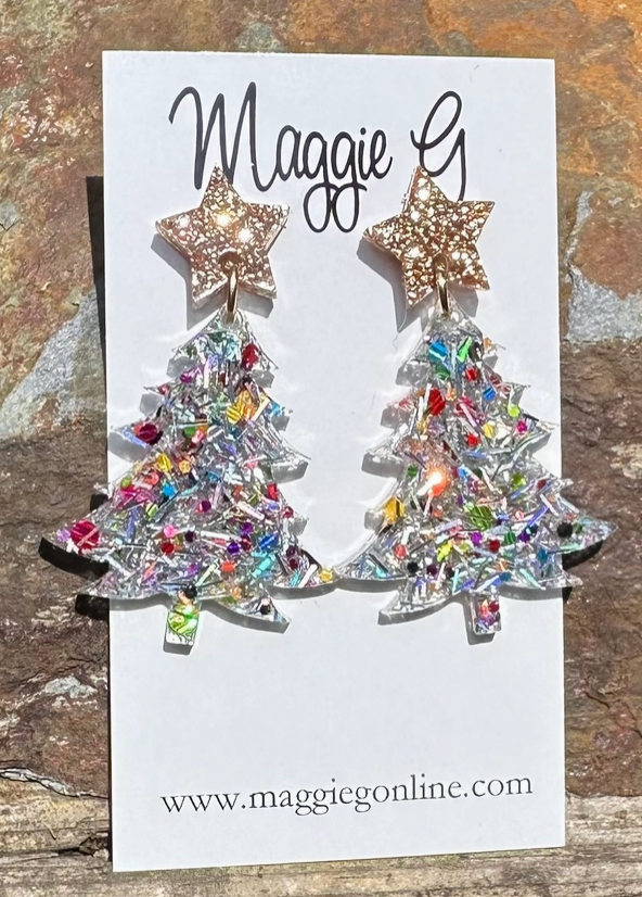 Christmas Tree Silver Tinsel Earrings