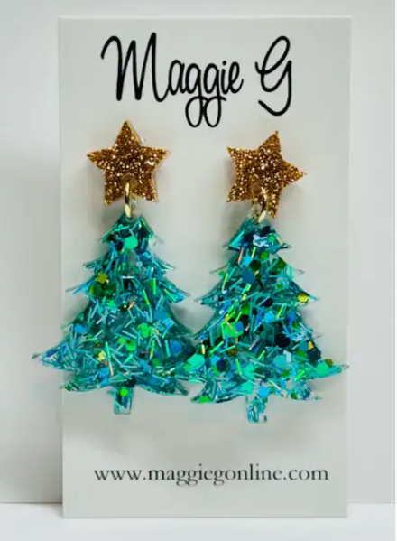 Christmas Tree Earrings - Teal Tinsel