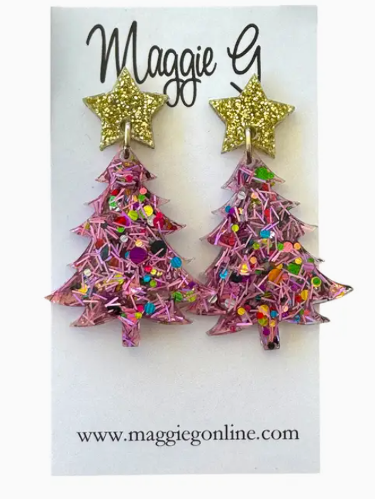Christmas Tree Pink Tinsel Tree Earrings